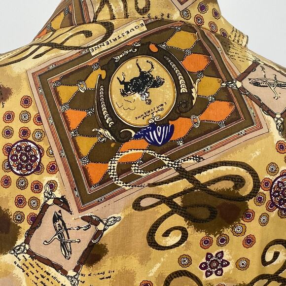 Vintage Equestrian Print Bomber Jacket Brown Tan Gold EUC Size L 100% Silk - Picture 9 of 12
